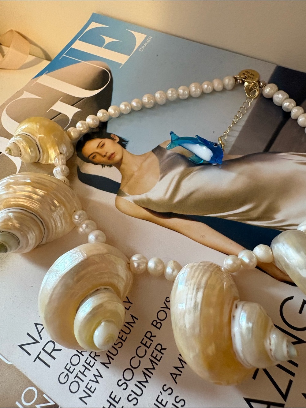 Amori Mori Pearl & Shell Statement Necklace Glass Dolphin Charm